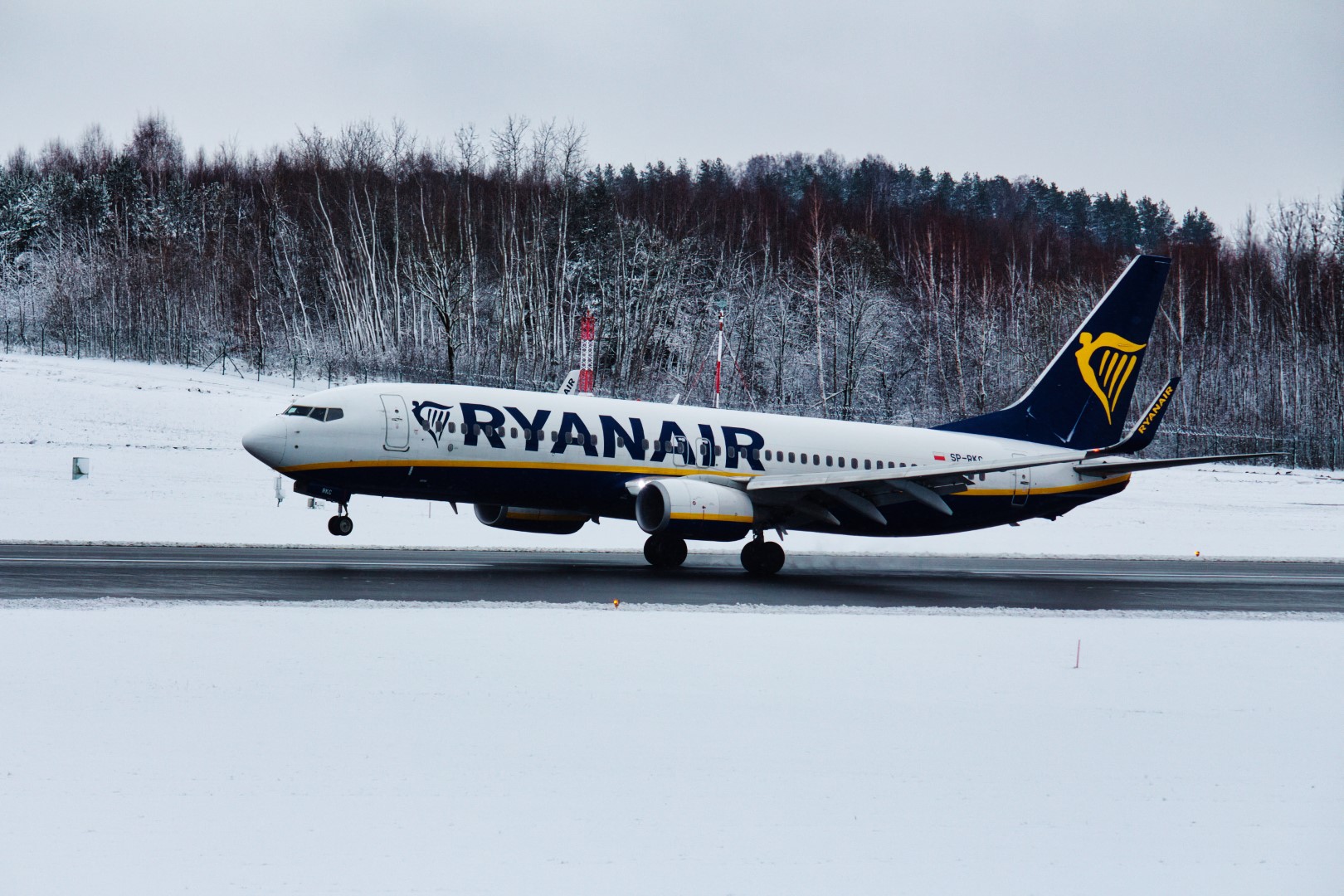 A photo of a Ryanair aircraft landing on a runway on a snowy winter day. The hill with trees in the background lines up nicely with the angle of the landing, making it seem like the the trees are on the aircraft.